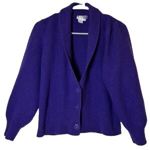VTG 80s Adele Joyce Cardigan Women M Purple Lambswool Angora Puff Sleeve